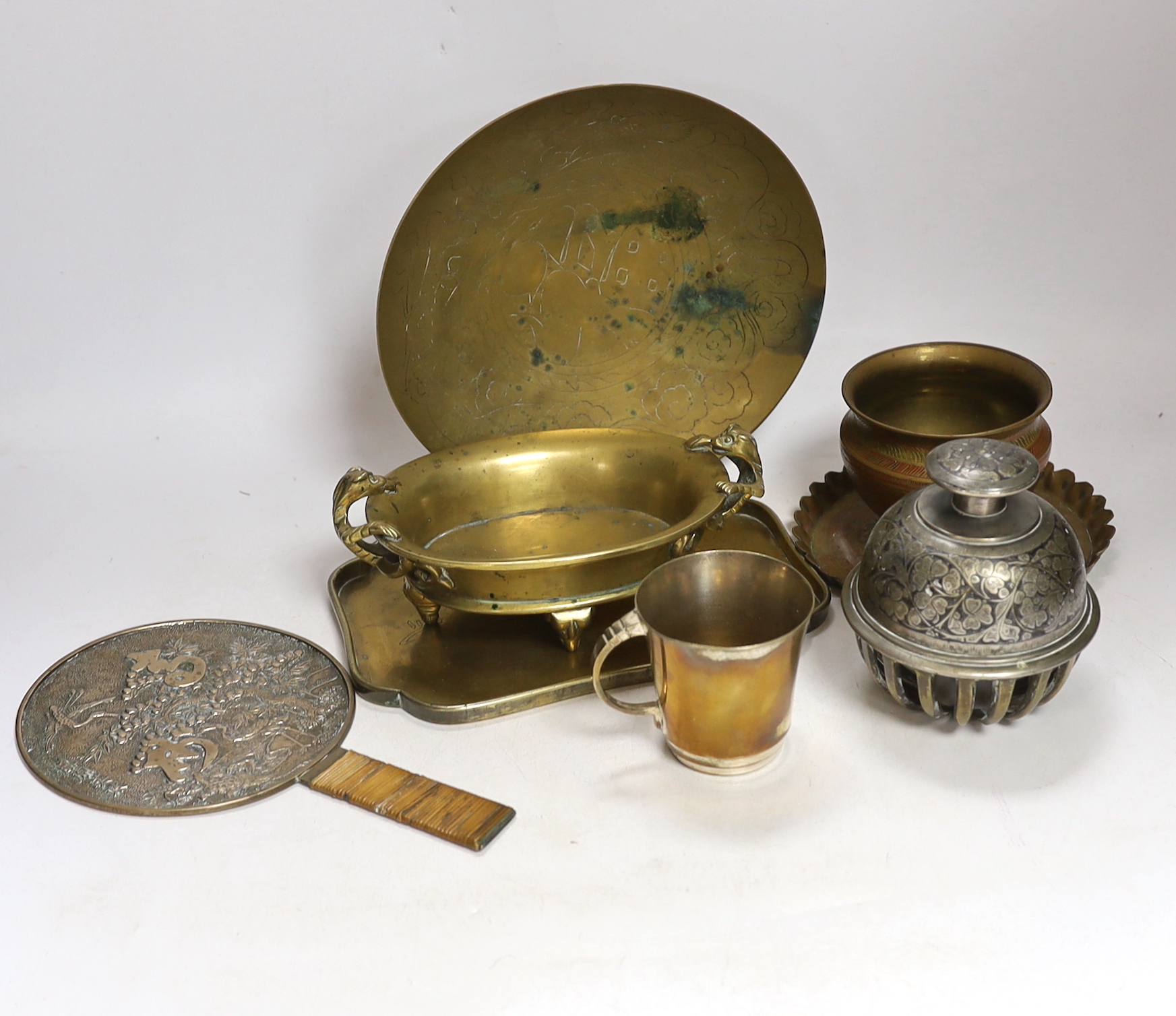 A Chinese archaistic bronze censer, Qing dynasty, a mirror and various Asian bronzes etc, censer 19cm wide